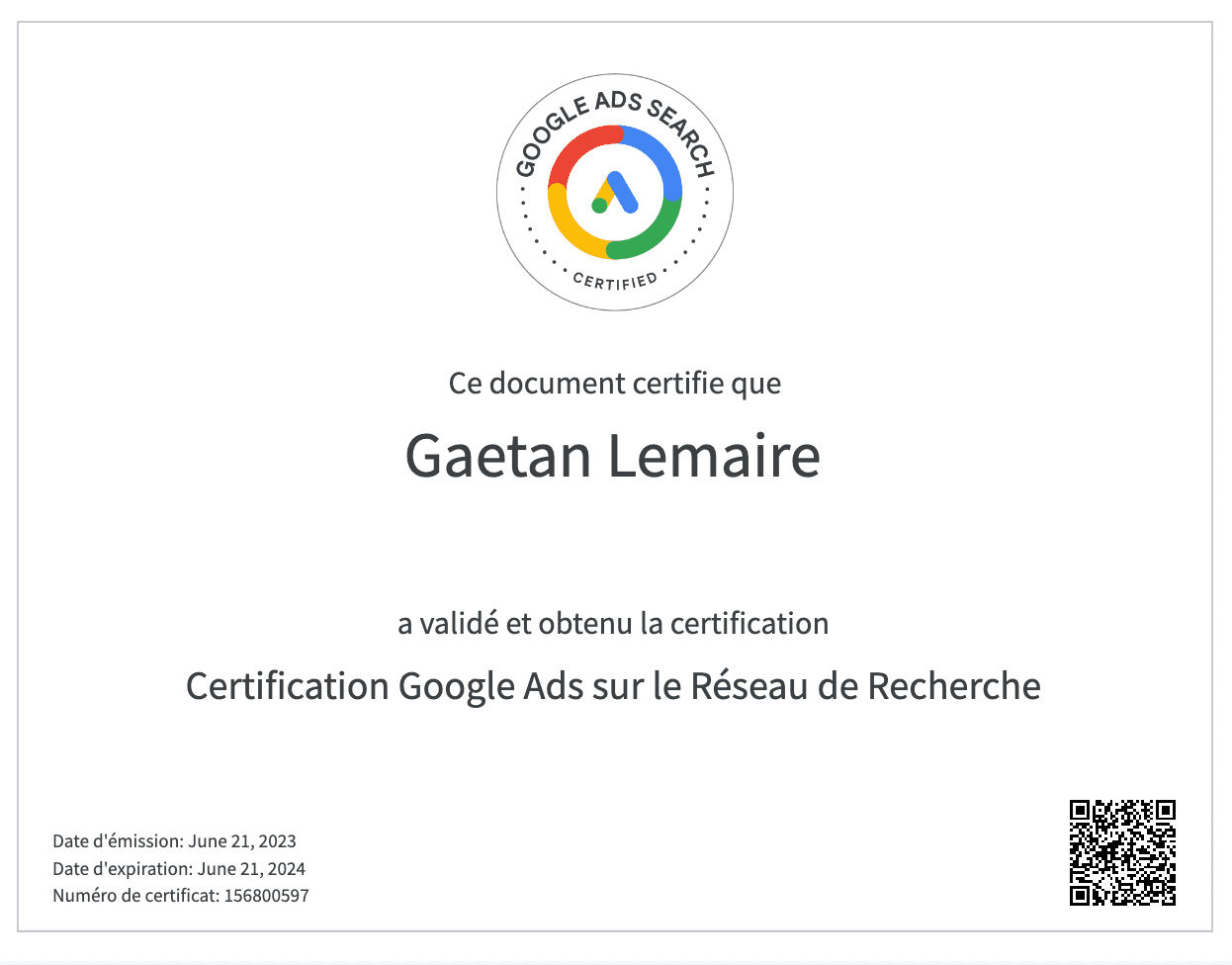 Certification google ads reseau de recherche gaetan lemaire