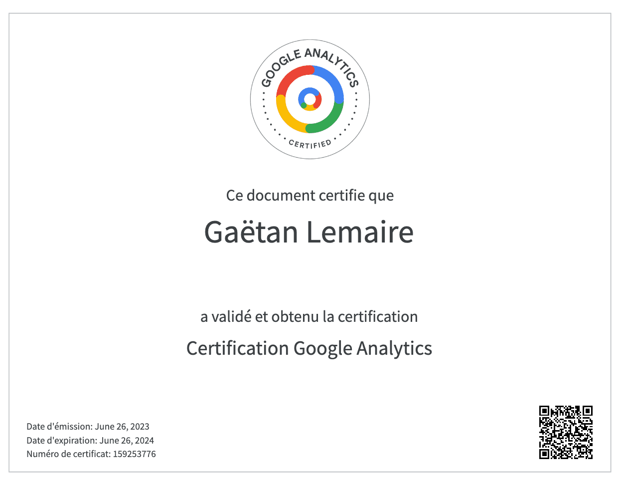 certification google analytics 4 gaetan lemaire