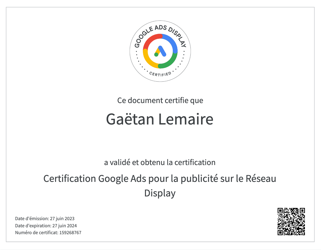 certification google display gaetan lemaire