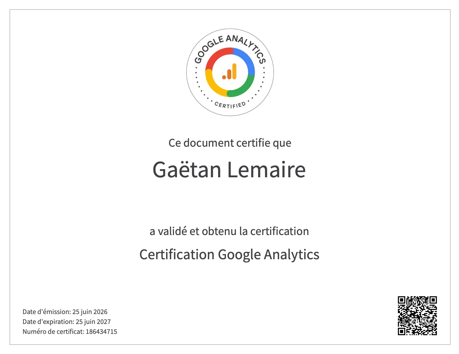 Certification GA4 - Gaetan Lemaire, expert à Toulouse
